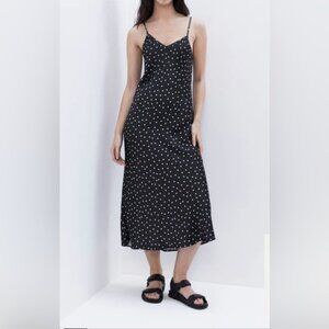 The Drop Ana Silky V Neck Midi Slip Dress Black & White Polka Dot